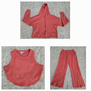 EUC Better Together 3 Piece Outfit Set Ribbed Knit Orange Coral Womens M